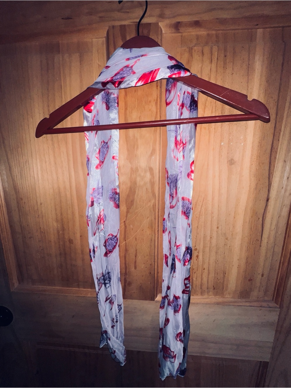 Floral Lightweight Long Scarf - White with Red & Purple Floral Print